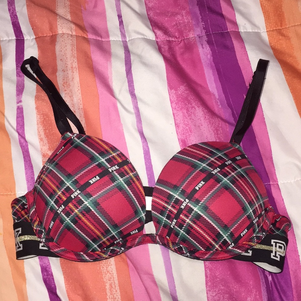 Red, Green, and White Plaid VS Pink Push-up Bra